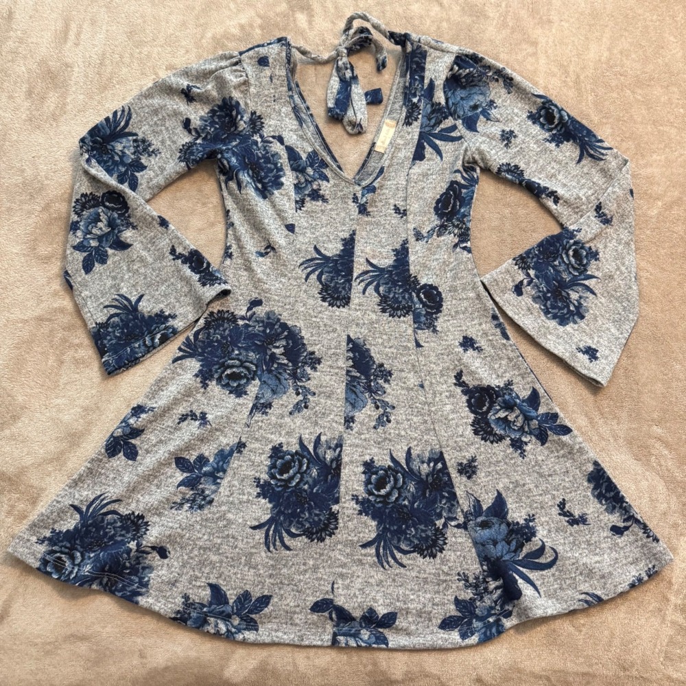 Altar'd State Blue Floral Gray Knit Bell Sleeve Mini Dress Tie Back S
